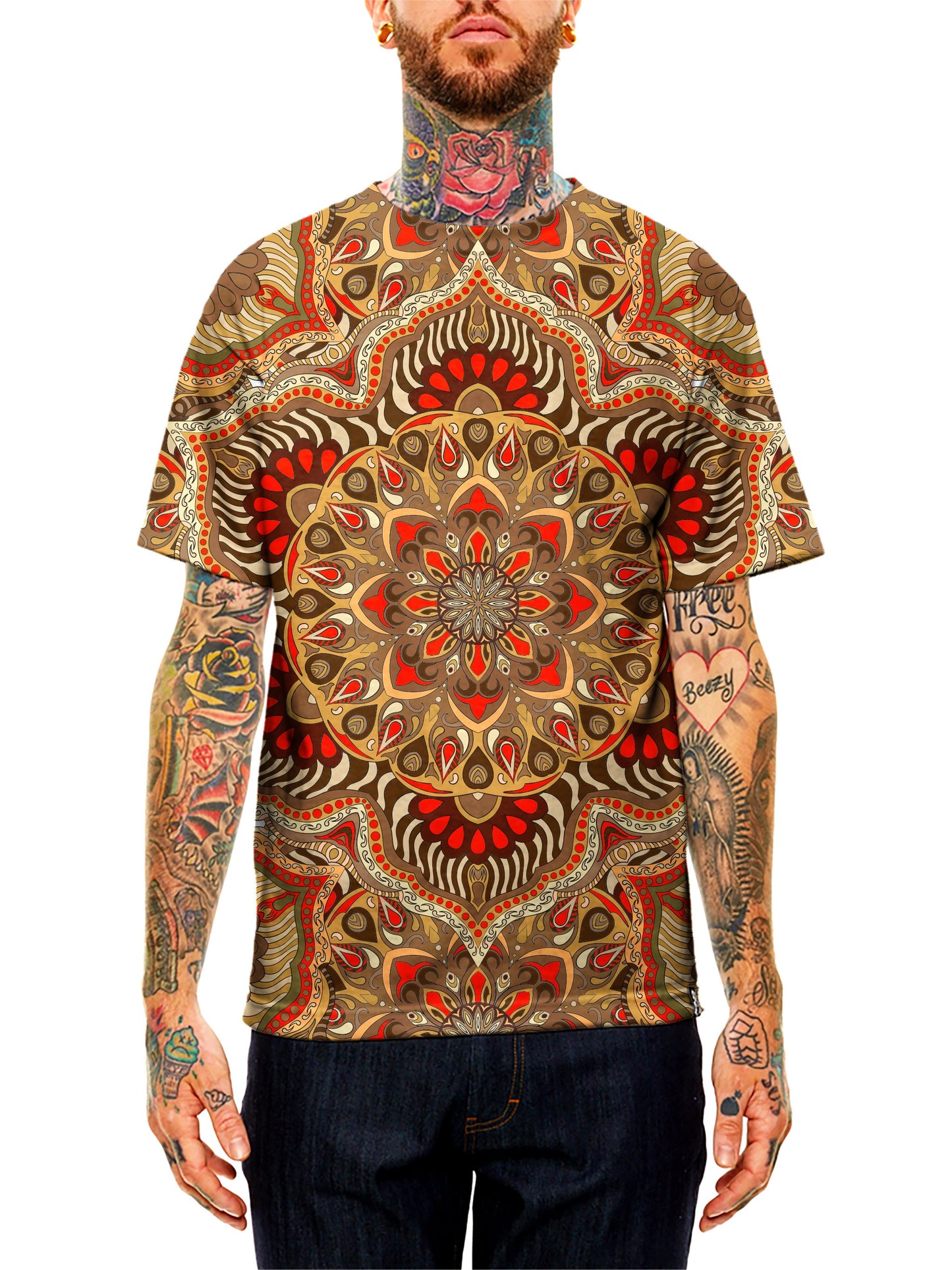Model wearing GratefullyDyed Apparel brown & orange mandala unisex t-shirt.
