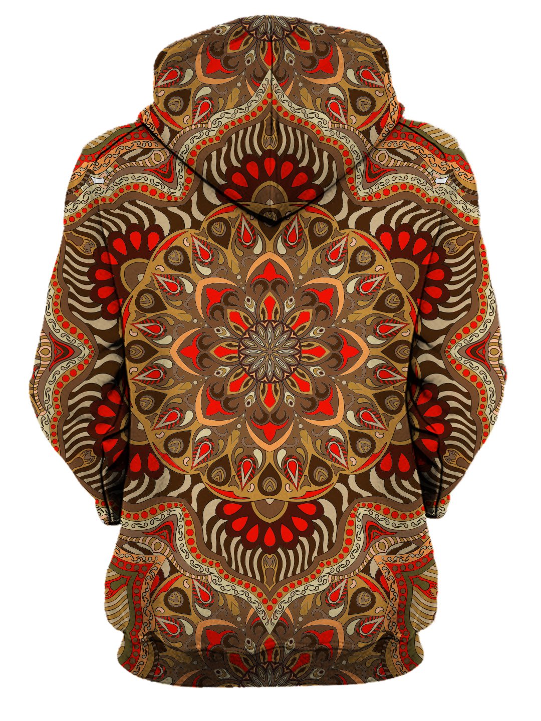 Rear of women's all over print orange & brown mandala hoody.