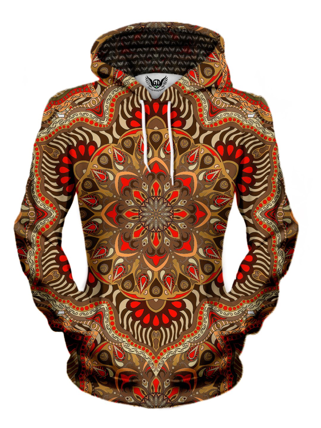 Women's front view of trippy retro mandala pullover hoodie.