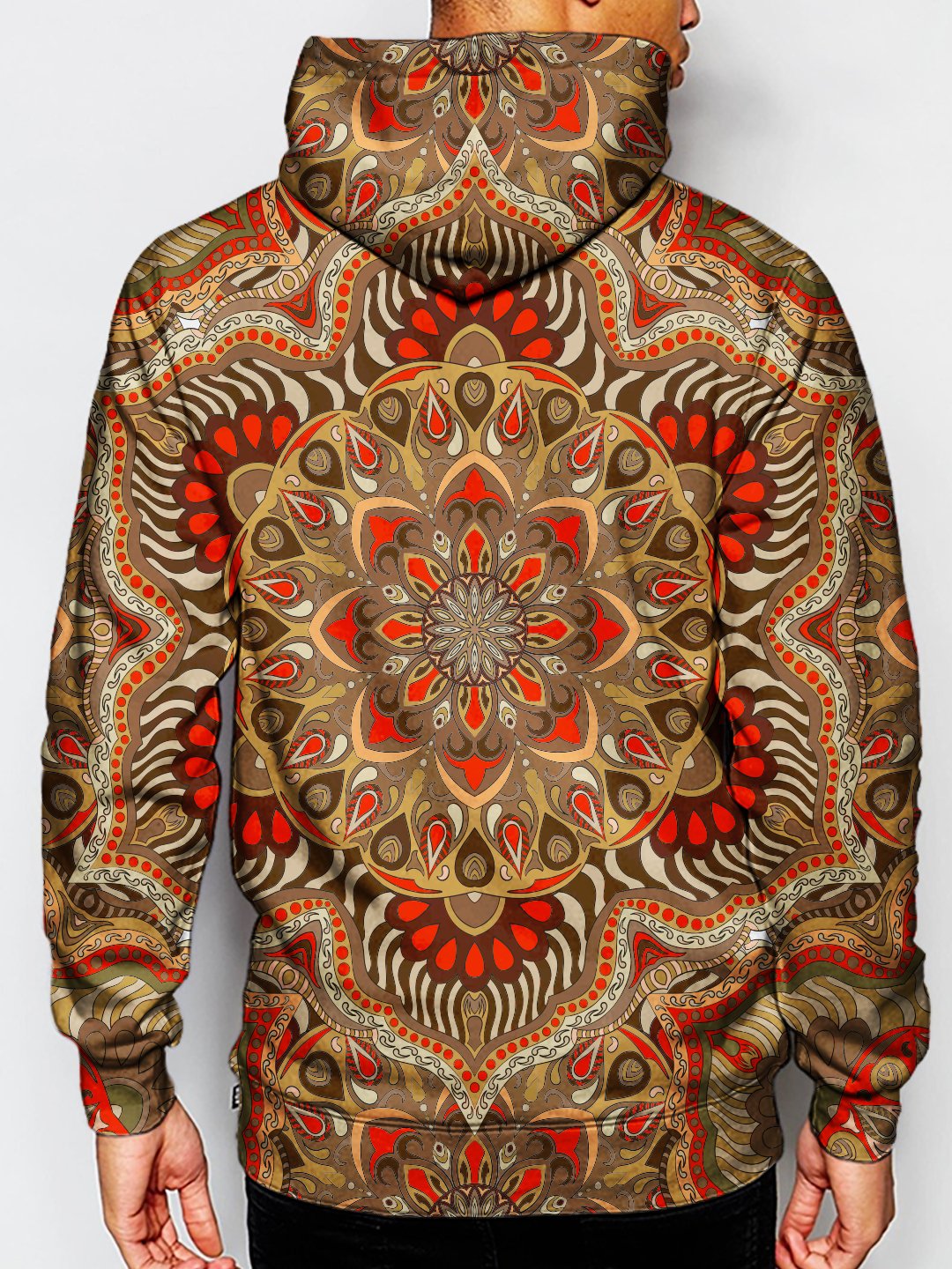 Model wearing GratefullyDyed Apparel psychedelic sacred geometry pullover hoodie.