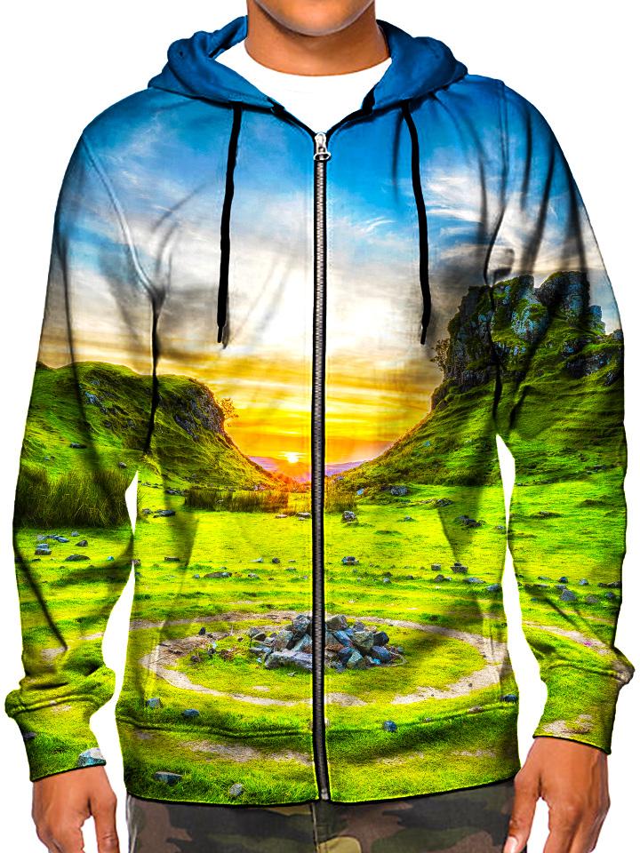 Model wearing GratefullyDyed Apparel psychedelic zen rock garden zip-up hoodie.