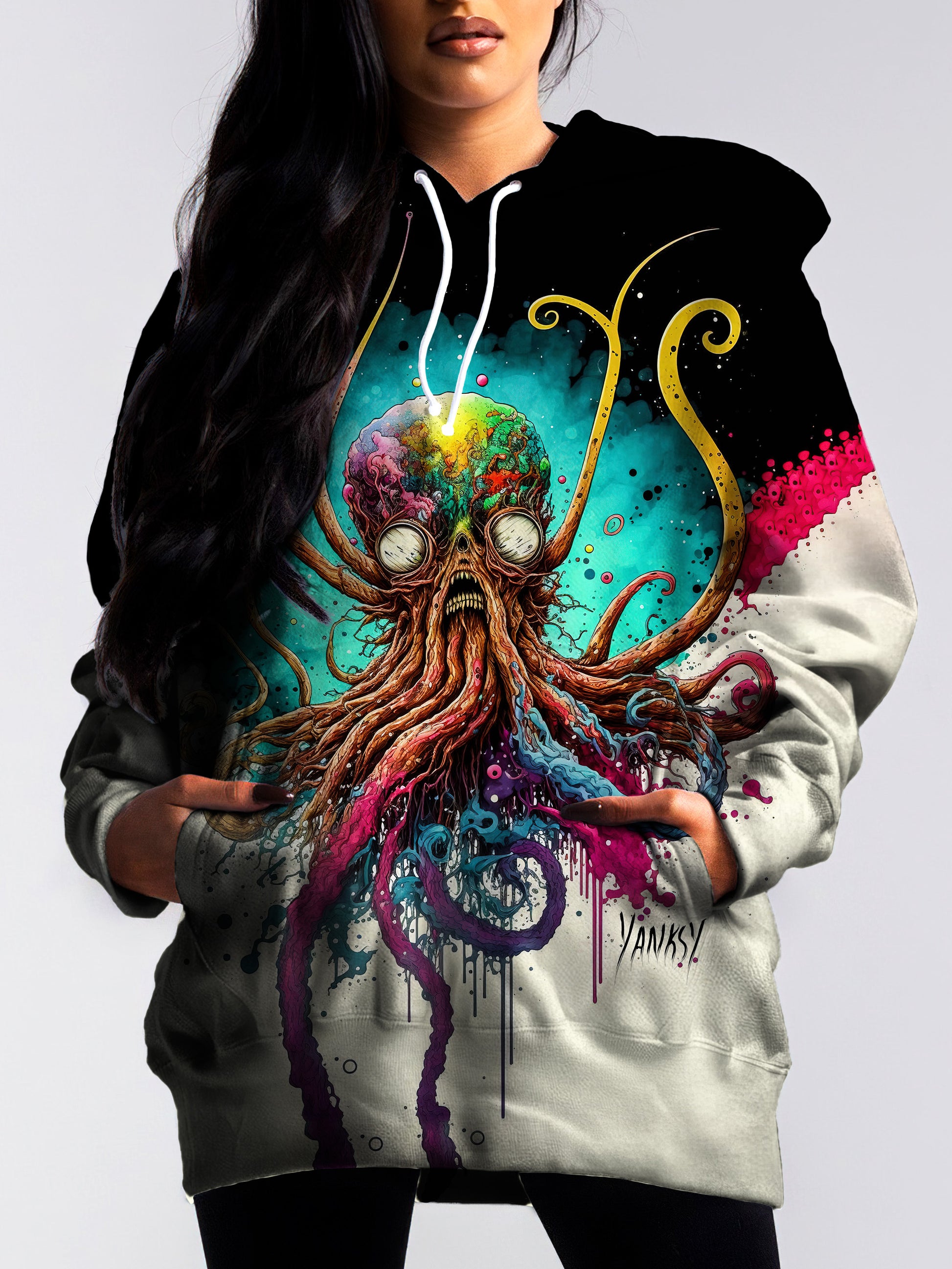 Stay warm and stylish at your next rave with this cozy pullover hoodie