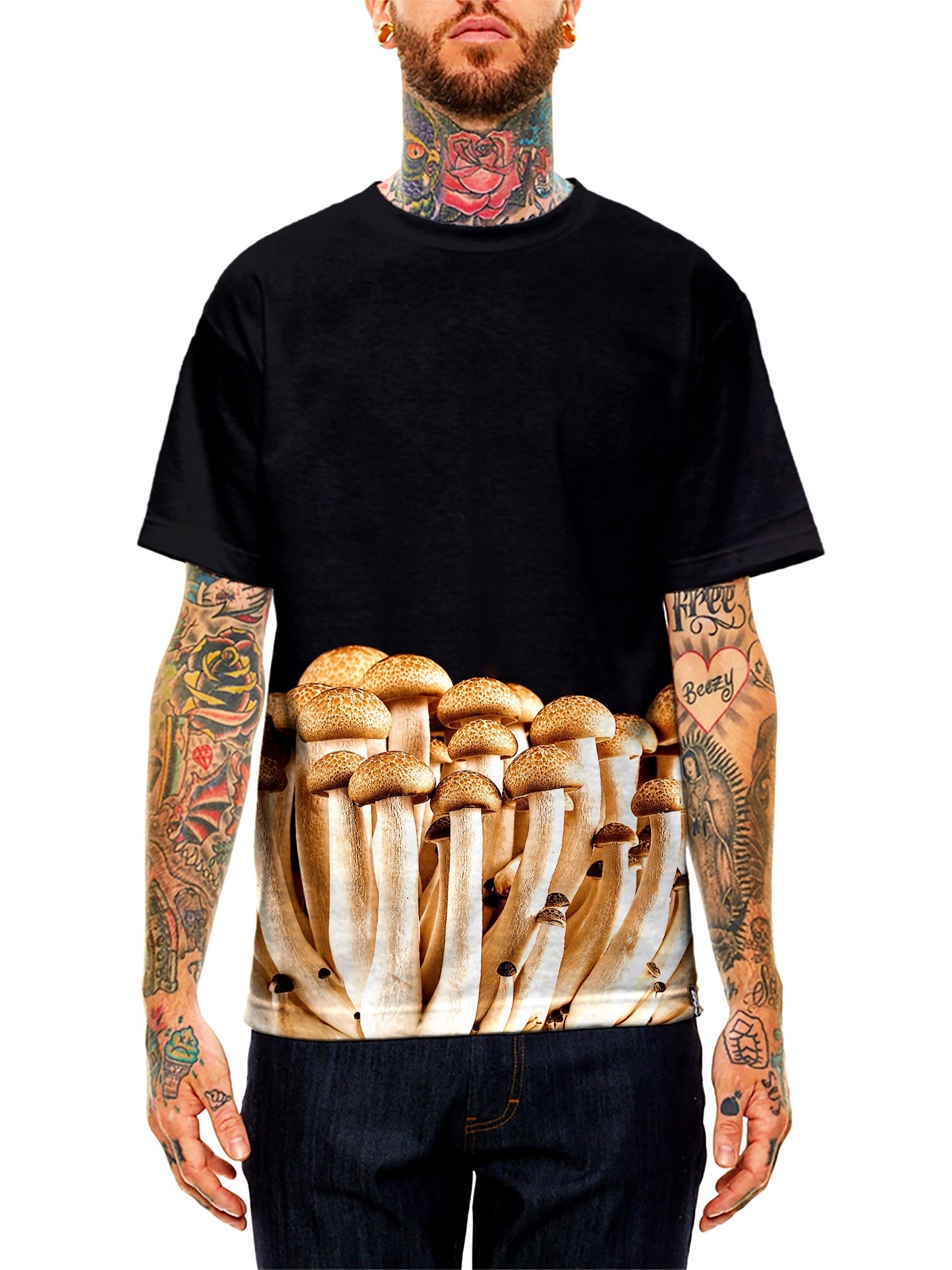 Model wearing GratefullyDyed Apparel black & brown mushroom unisex t-shirt.