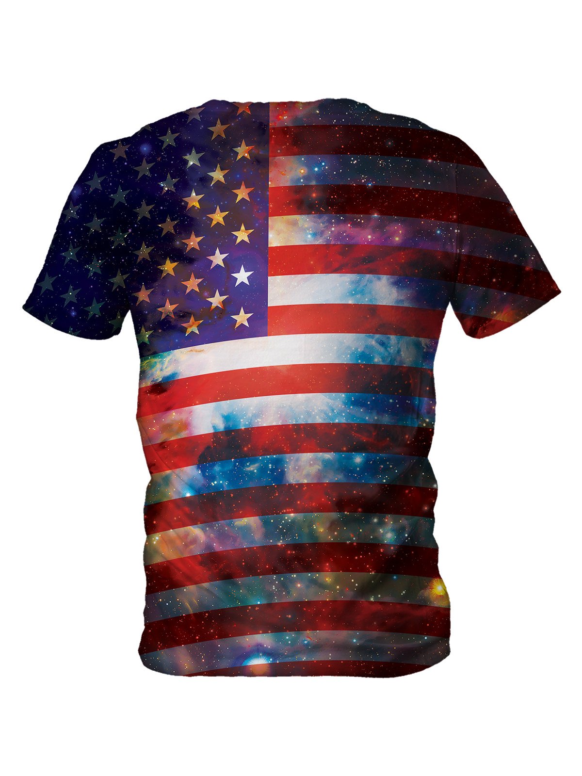 Back view of all over print psychedelic space patriot t shirt by Gratefully Dyed Apparel.