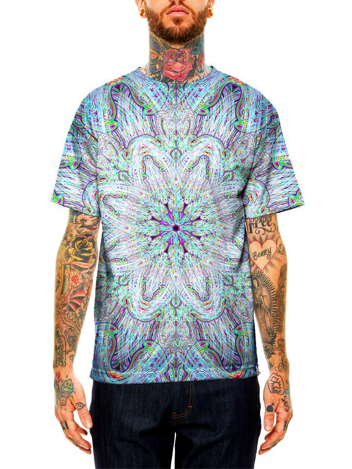 Model wearing GratefullyDyed Apparel electric rainbow mandala unisex t-shirt.