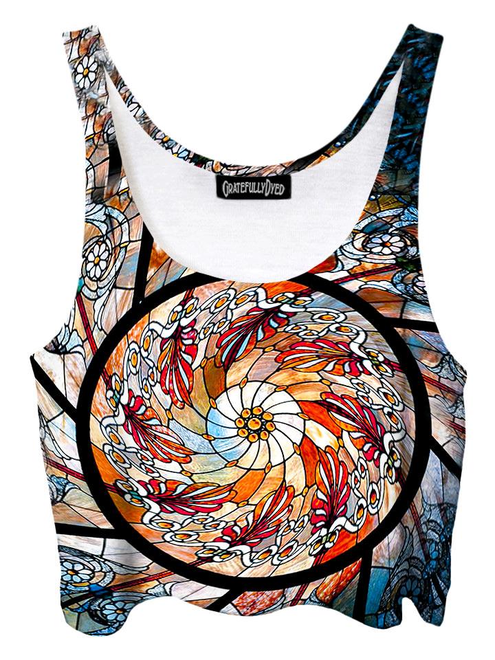 Trippy front view of GratefullyDyed Apparel white, orange & red stained glass mandala crop top.