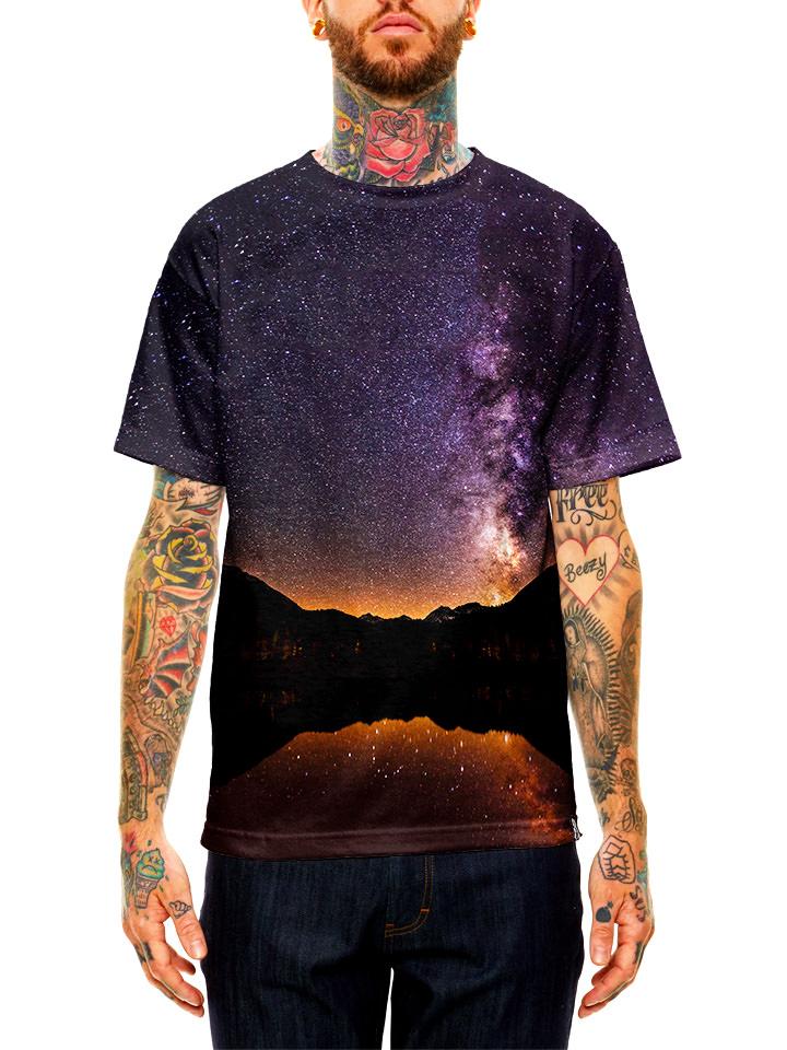 Model wearing GratefullyDyed Apparel purple & black mountain galaxy unisex t-shirt.