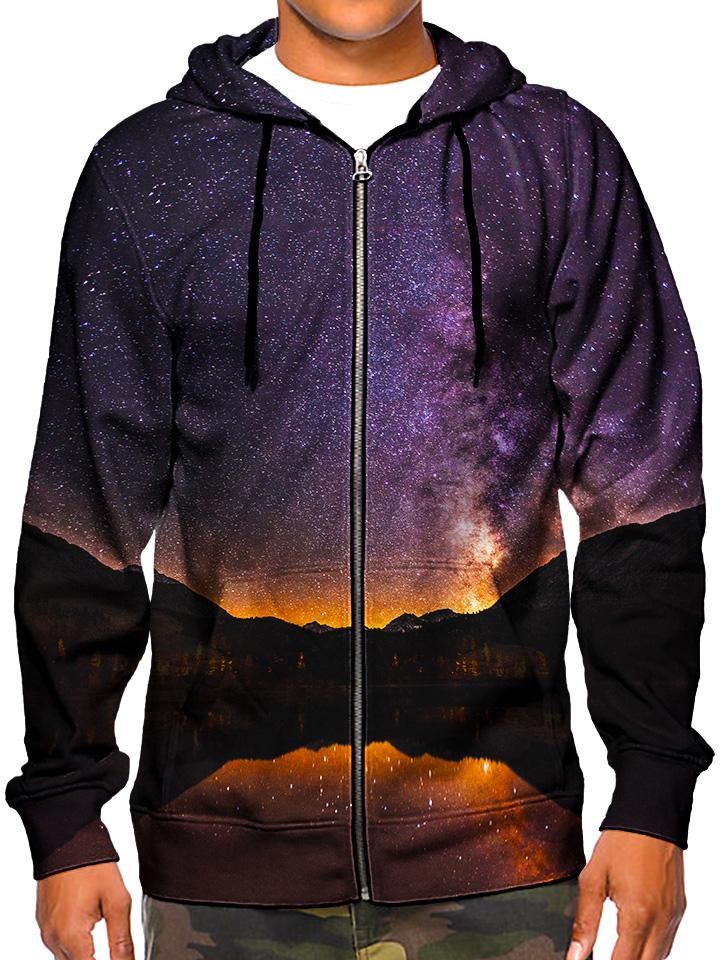 Model wearing GratefullyDyed Appearl black & purple mountain galaxy hoodie.