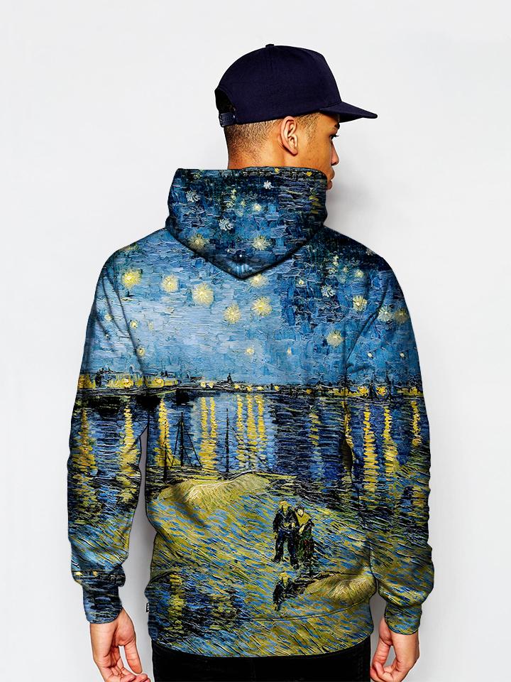 Model wearing GratefullyDyed Apparel psychedelic starry waters impressionism hoodie.