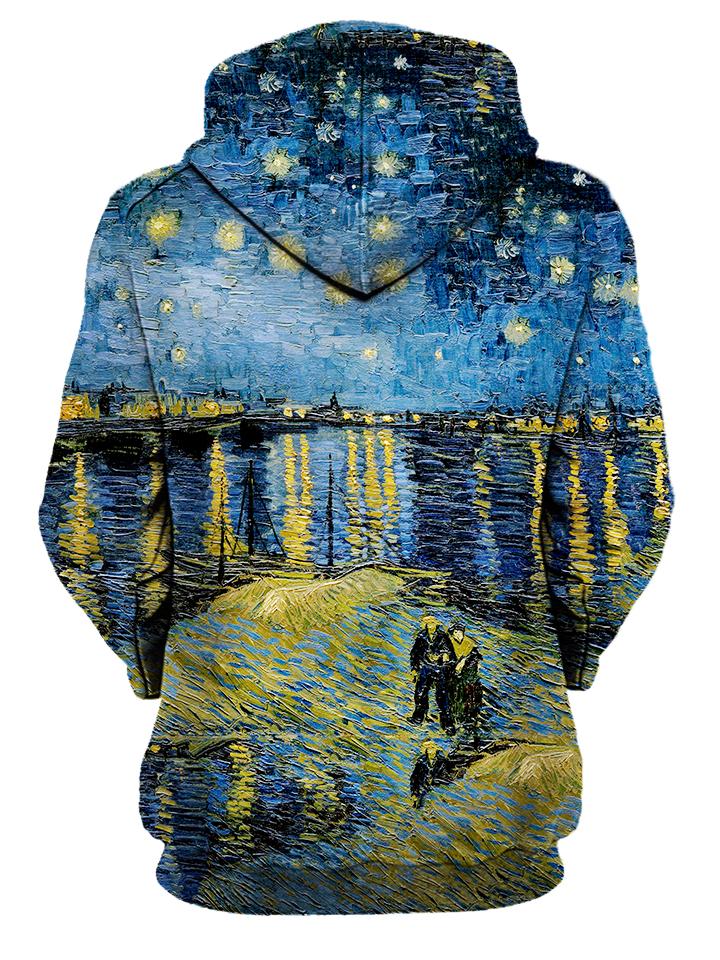 Rear of women's blue & yellow Van Gogh inspired all over print hoody.