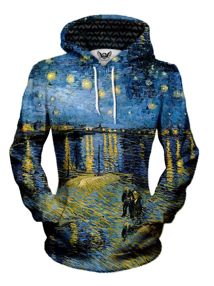 Women's front view of trippy moonlight starry sky & ocean pullover hoodie.