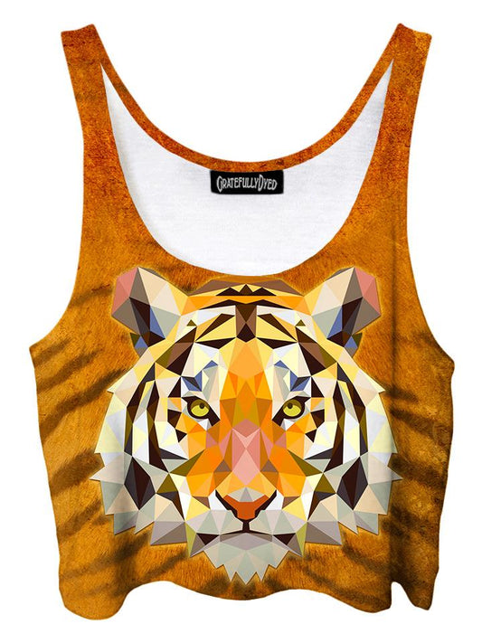 Trippy front view of GratefullyDyed Apparel orange, black & white geometric tiger crop top.