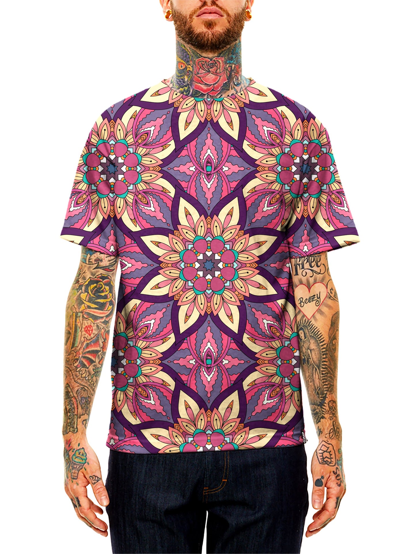 Model wearing GratefullyDyed Apparel pink, purple, yellow & orange mandala unisex t-shirt.