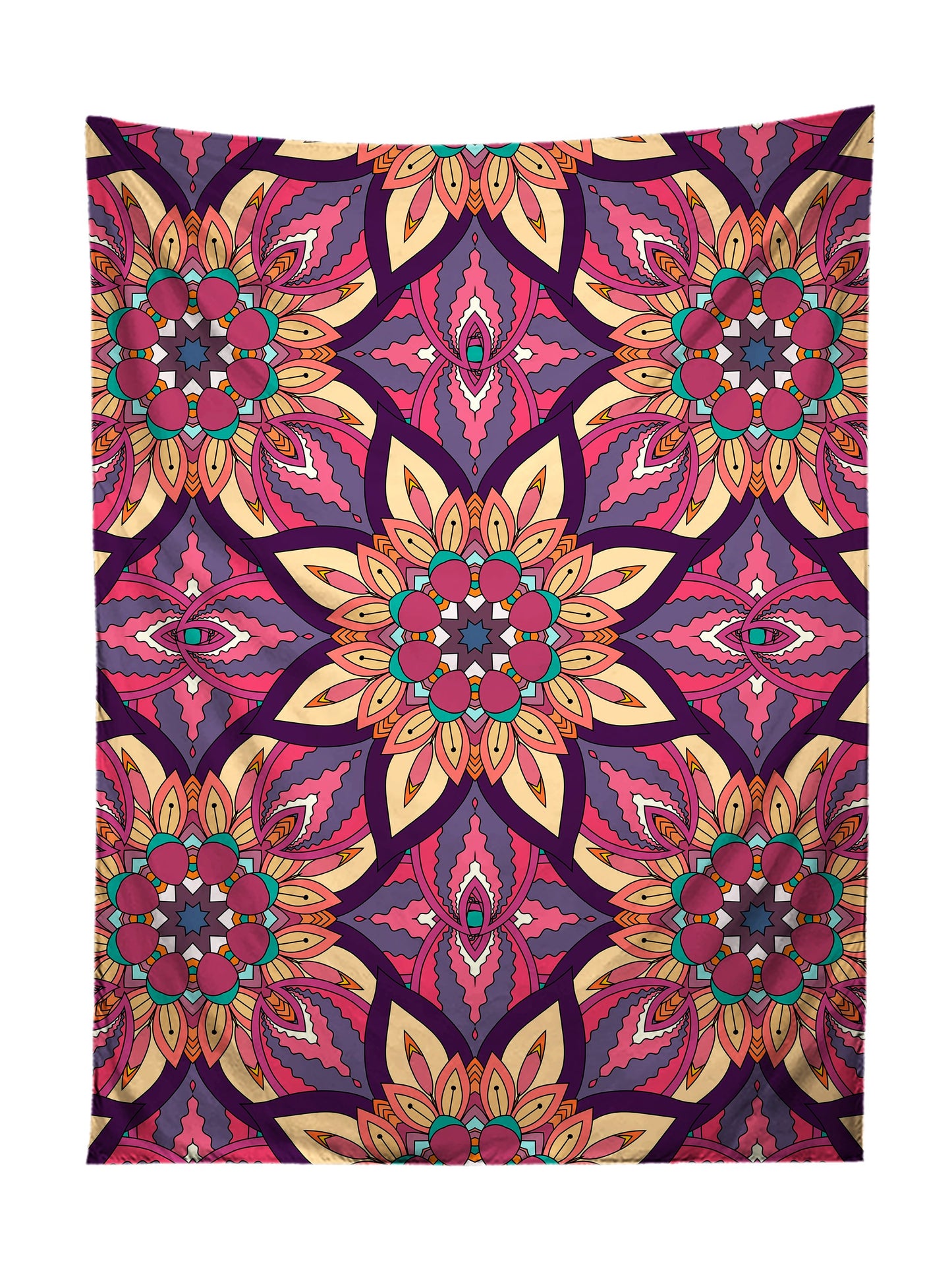 Vertical hanging view of all over print pink, purple, orange & yellow flower mandala tapestry by GratefullyDyed Apparel.