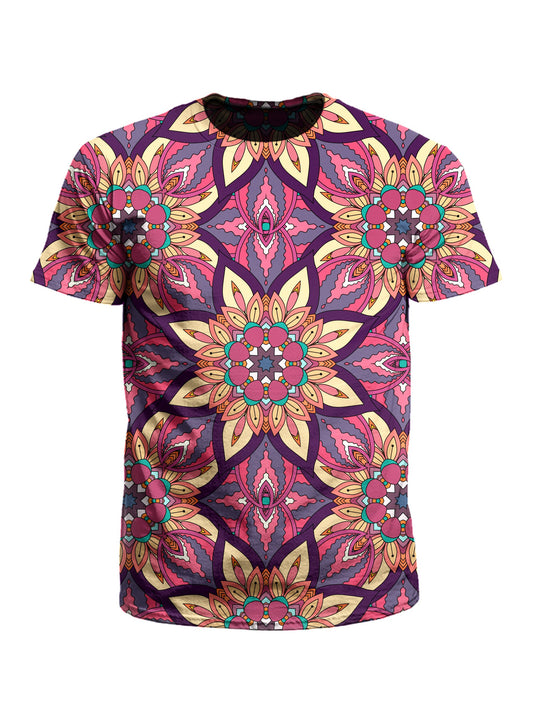 Men's pink, yellow & orange mandala unisex t-shirt front view.