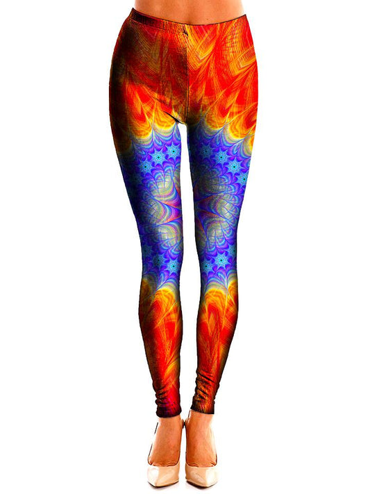 Leg model wearing GratefullyDyed Apparel orange & blue mandala leggings front view.