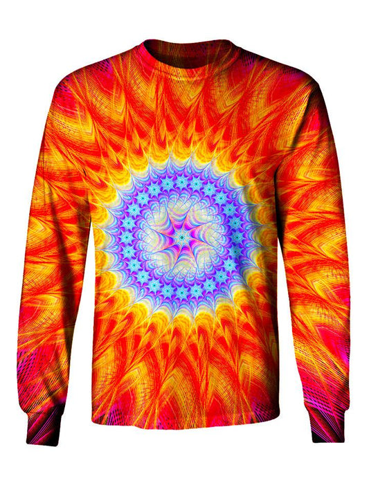 Gratefully Dyed Apparel blue & orange mandala unisex long sleeve front view.
