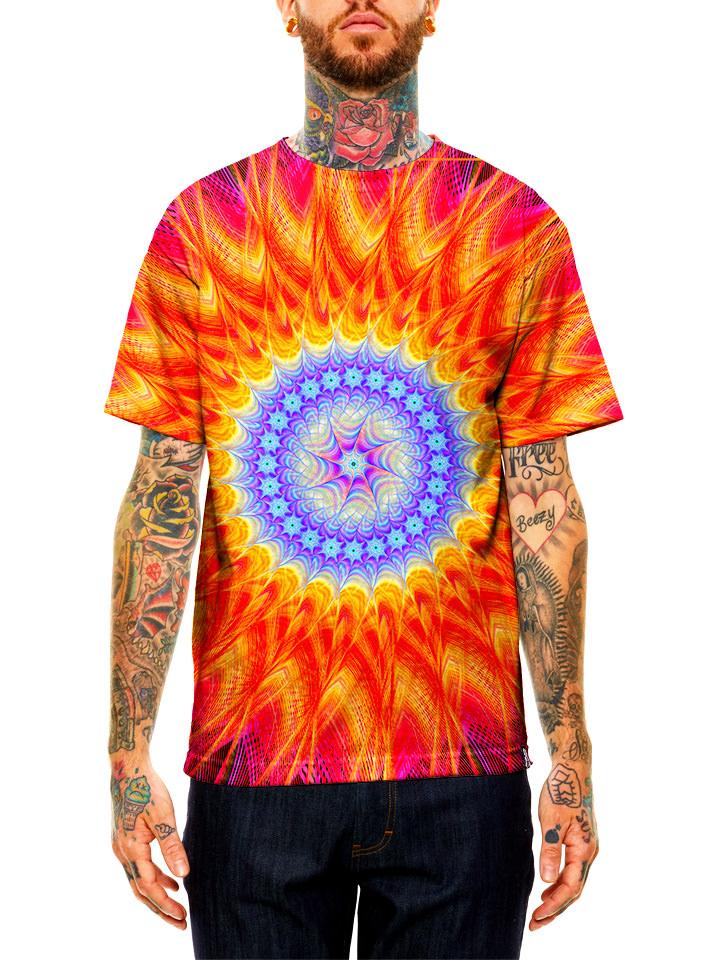 Model wearing GratefullyDyed Apparel orange & blue psychedelic mandala unisex t-shirt.