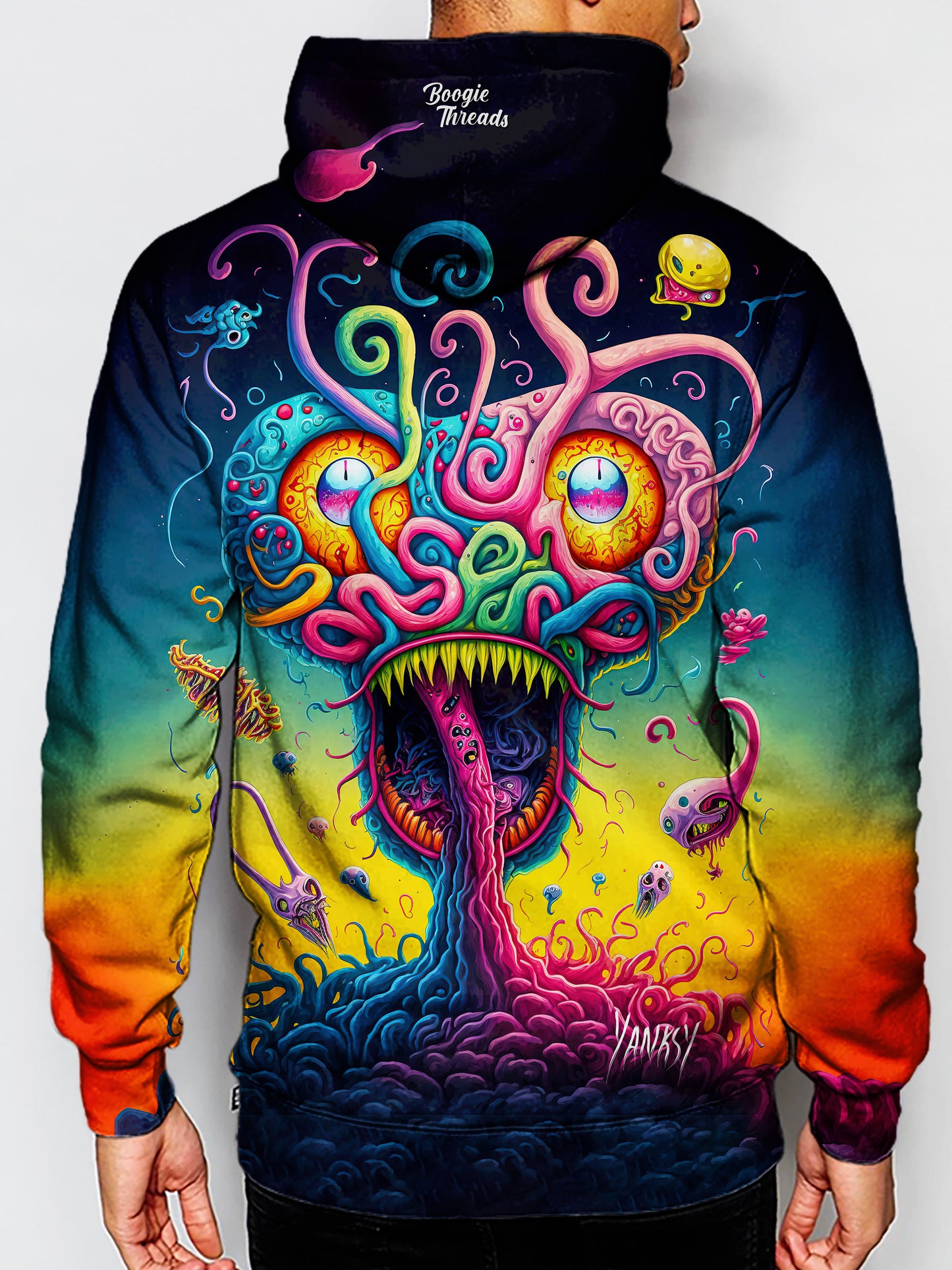 Get lost in the mesmerizing patterns and colors of this psychedelic sublimation pullover hoodie