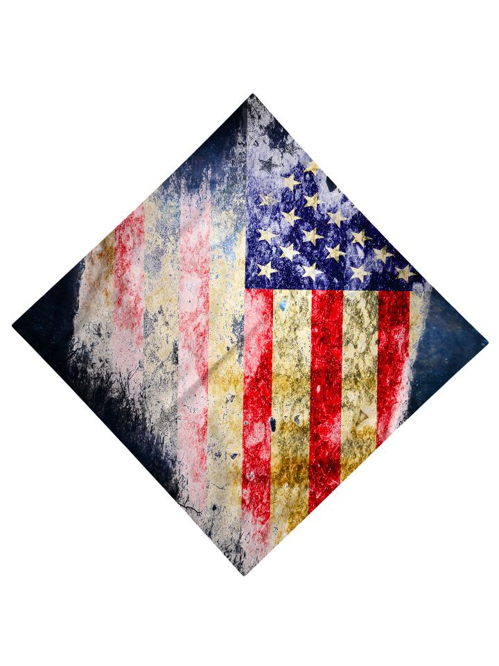 Trippy Gratefully Dyed Apparel red, white & blue rustic american flag bandana flat view.