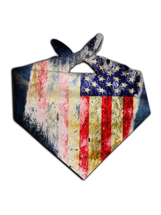 All over print red, white & blue rustic american flag bandana by GratefullyDyed Apparel tied neck scarf view.