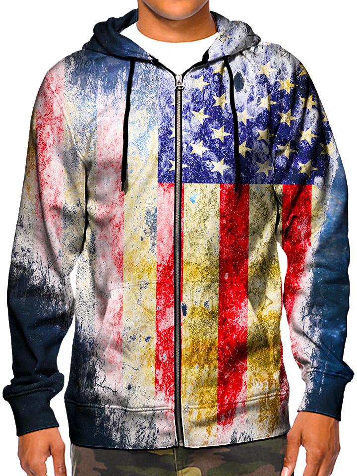 Model wearing GratefullyDyed Apparel rustic american flag zip-up hoodie.