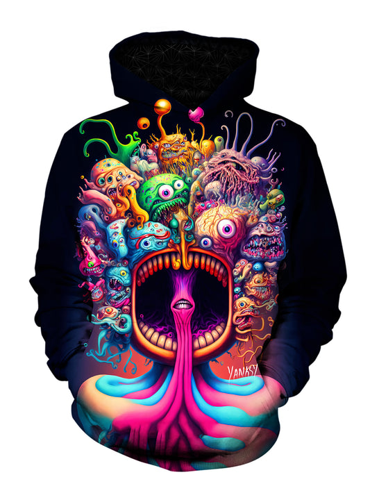 Stay warm and stylish at your next festival or rave with this comfortable pullover hoodie
