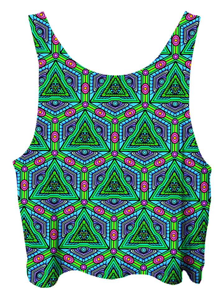All over print psychedelic sacred geometry cropped top by Gratefully Dyed Apparel back view.