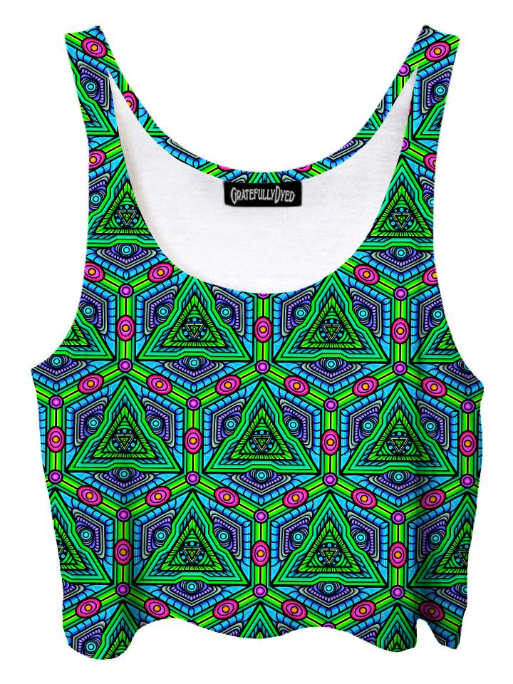 Trippy front view of GratefullyDyed Apparel green, purple & pink sacred geometry mandala crop top.