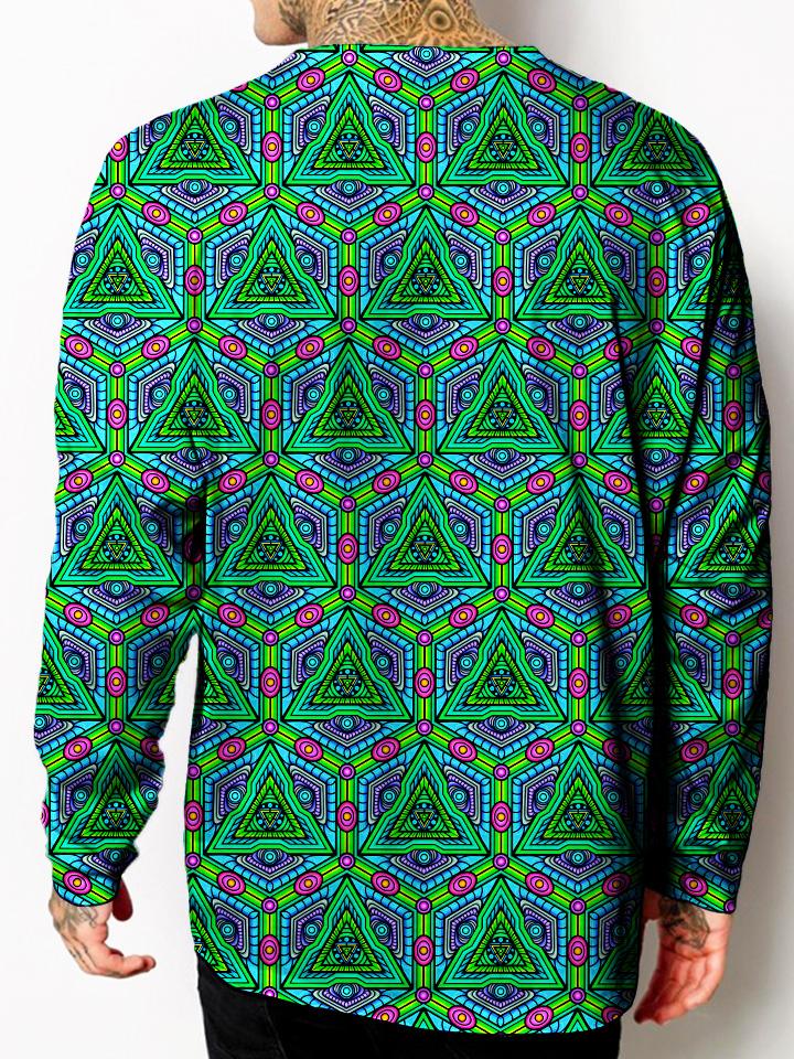 Model back view of all over print psychedelic sacred geometry unisex longsleeve.