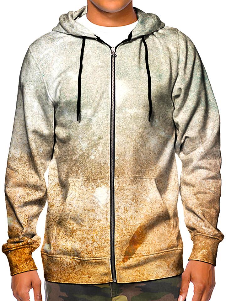 Model wearing GratefullyDyed Apparel psychedelic desert galaxy zip-up hoodie.