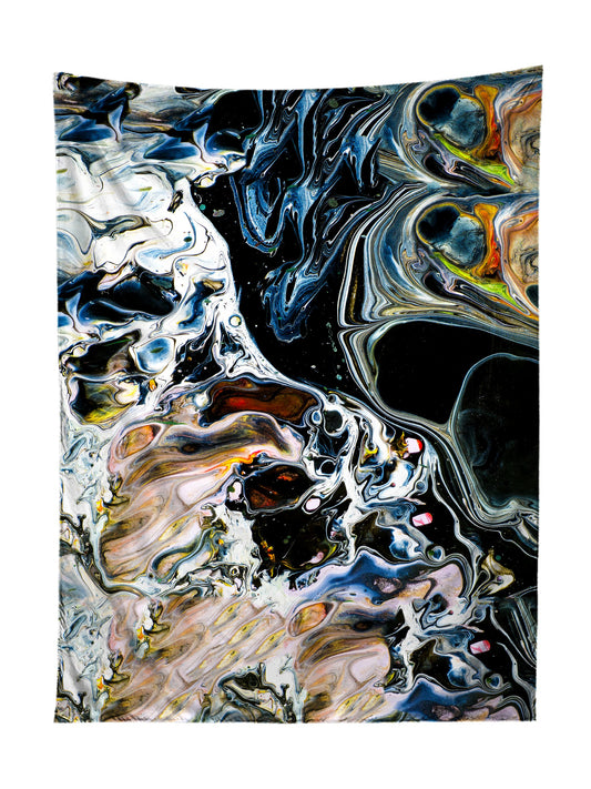 Vertical hanging view of all over print blue, brown & black marble painting tapestry by GratefullyDyed Apparel.