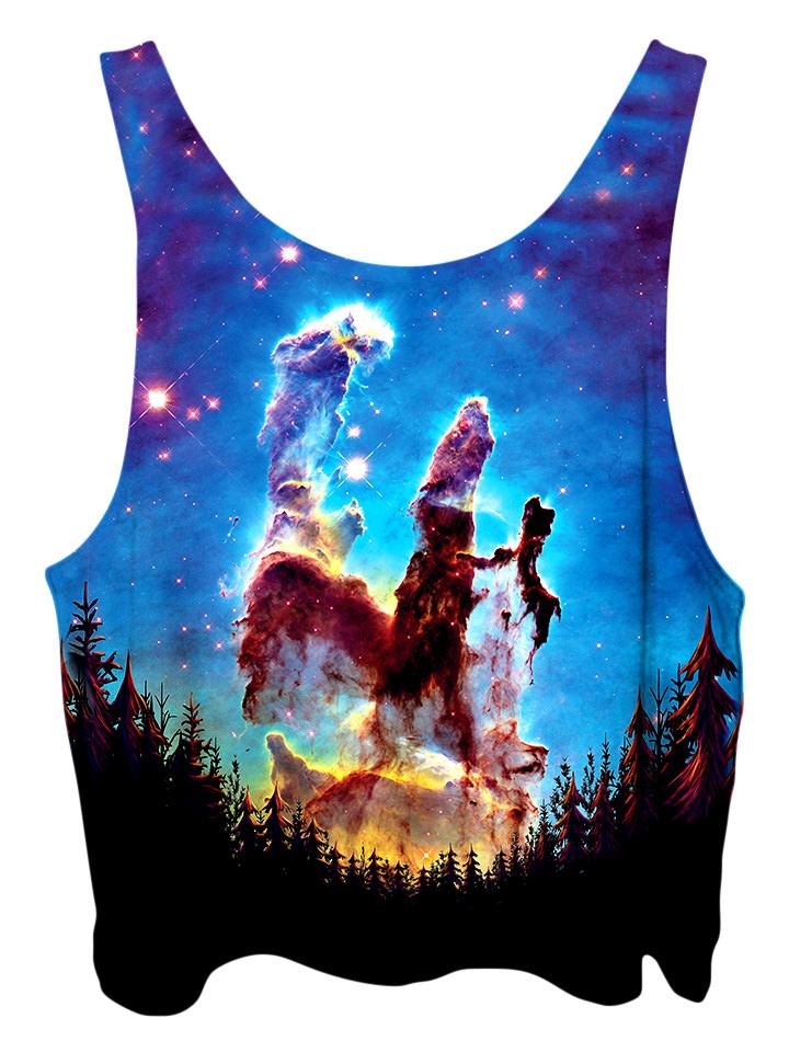 All over print psychedelic space nature cropped top by Gratefully Dyed Apparel back view.