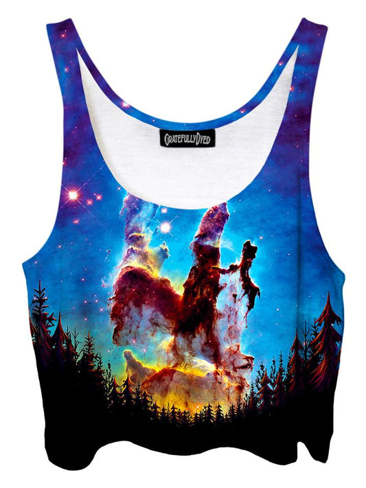 Trippy front view of GratefullyDyed Apparel blue, black & rainbow nebula forest galaxy crop top.
