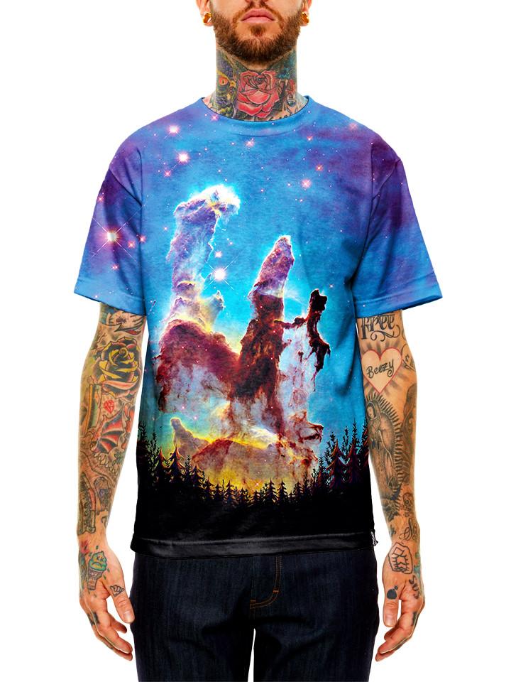 Model wearing GratefullyDyed Apparel blue, rainbow & black forest galaxy unisex t-shirt.