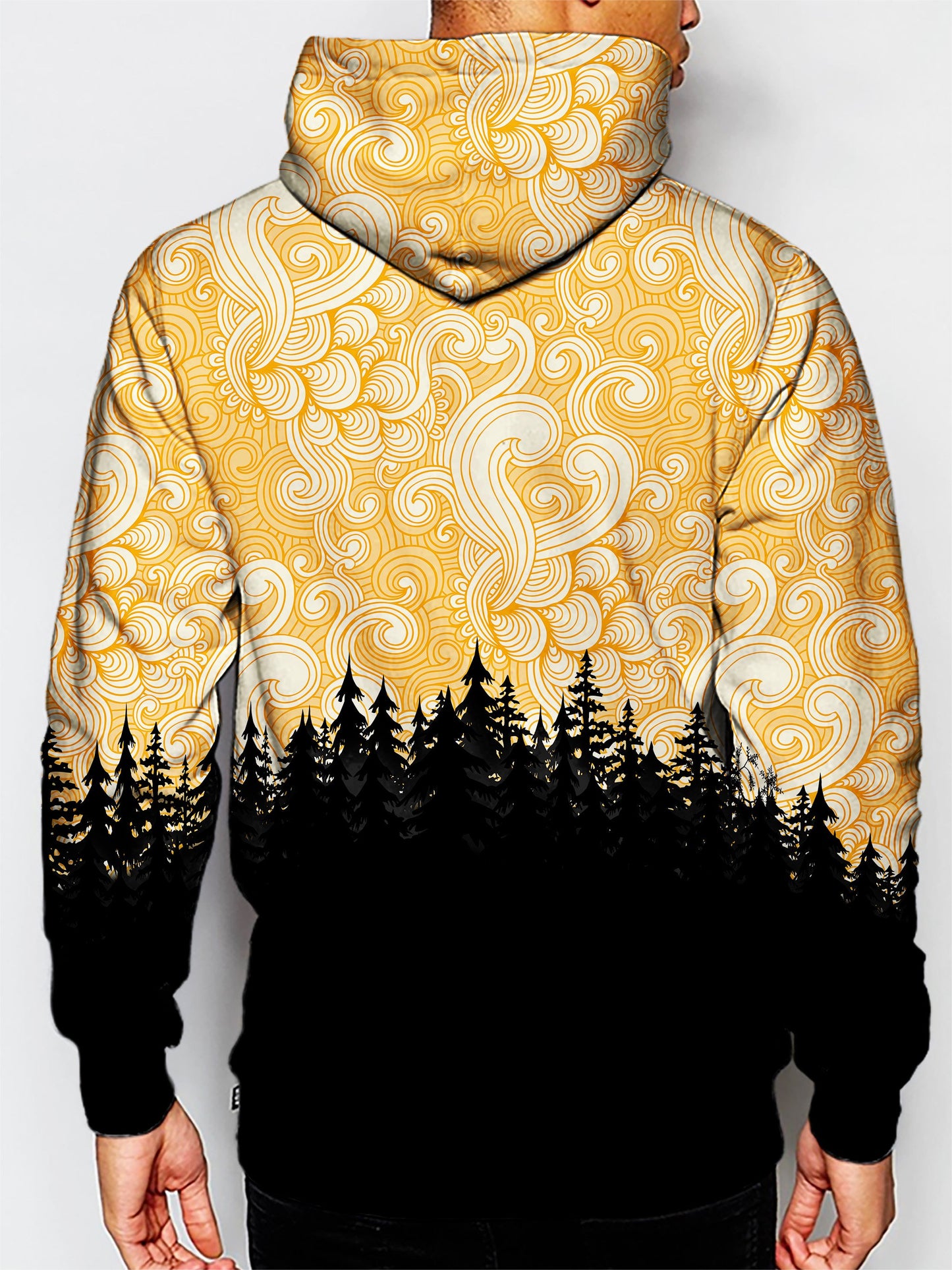 Model wearing GratefullyDyed Apparel psychedelic nature pullover hoodie.