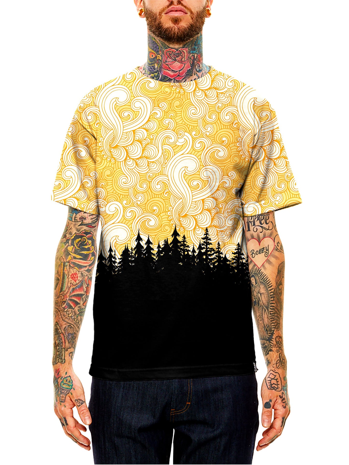 Model wearing GratefullyDyed Apparel black & yellow cloud swirl forest unisex t-shirt.