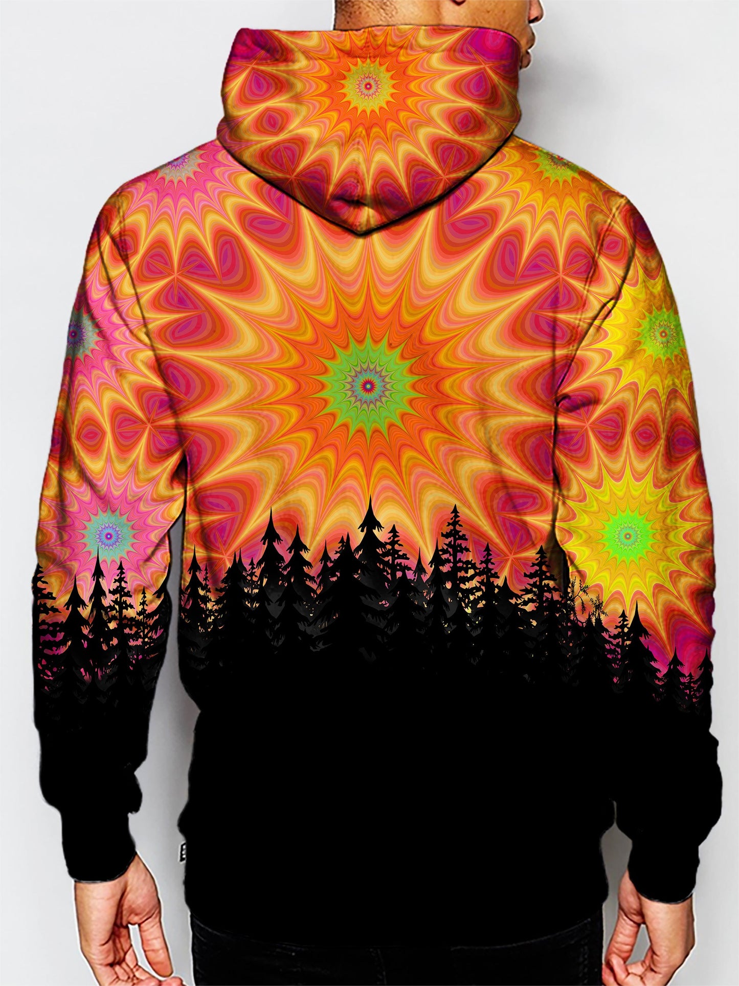 Model wearing GratefullyDyed Apparel psychedelic treeline pullover hoodie.