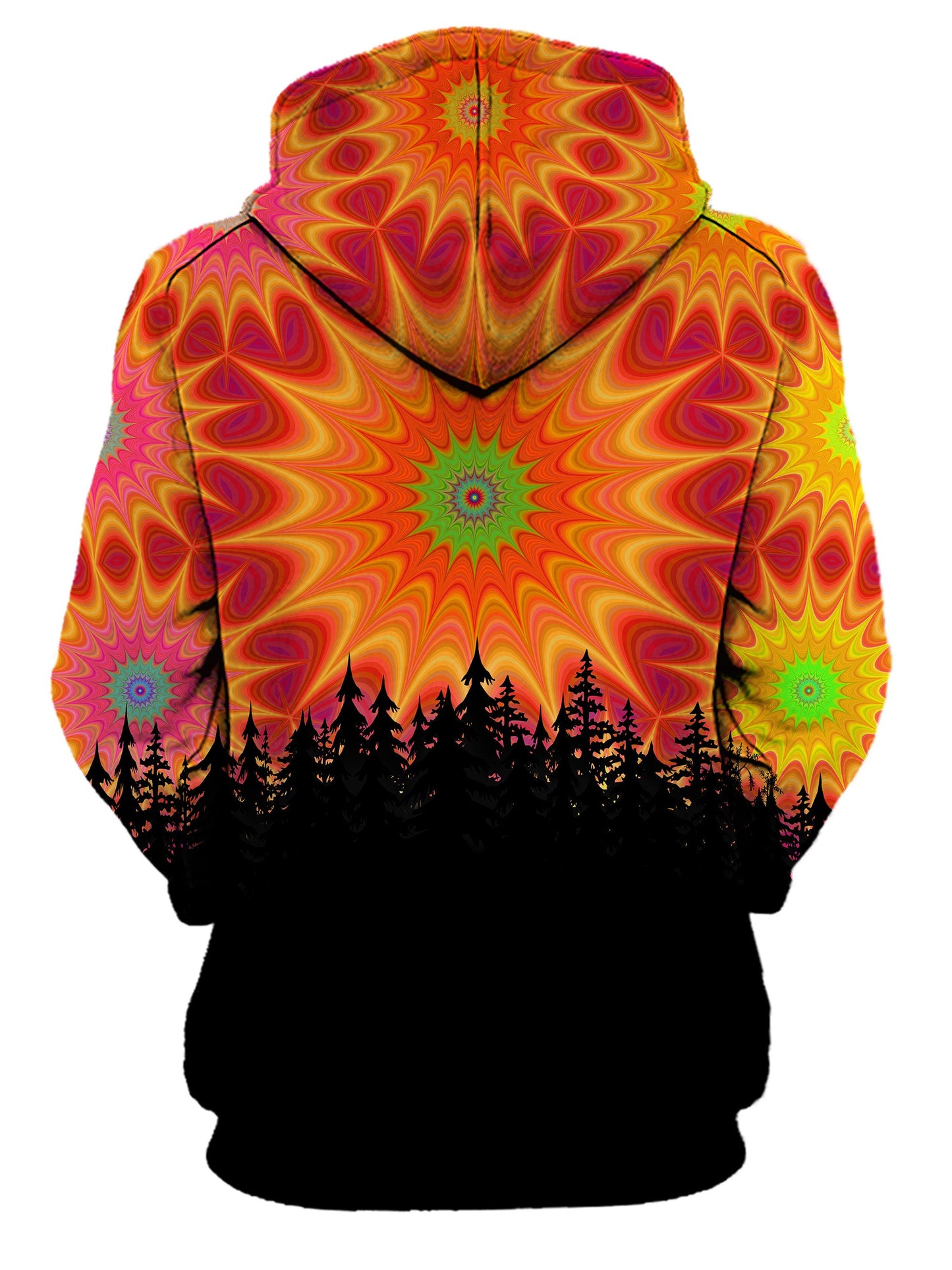 Rear of women's all over print red, orange & green sacred geometry hoody.