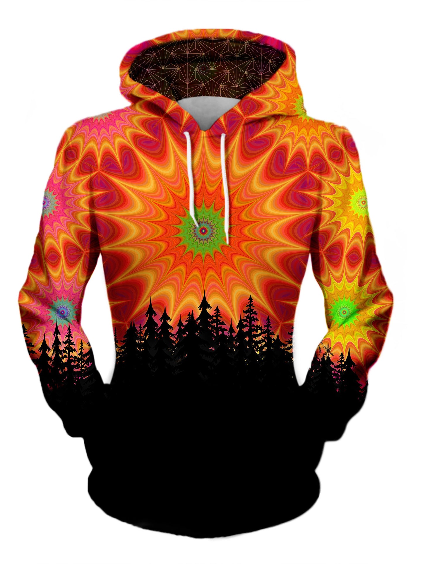 Women's front view of trippy mandala treeline pullover hoodie.
