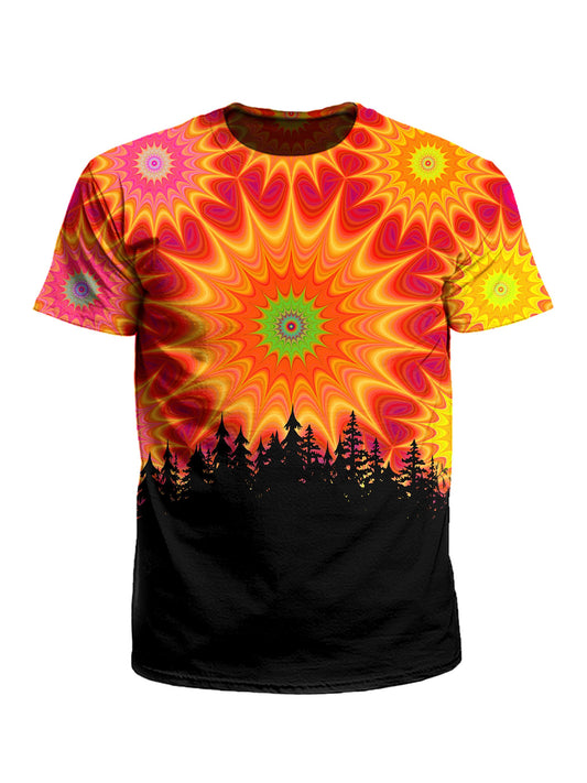 Men's red, orange & green mandala treeline unisex t-shirt front view.