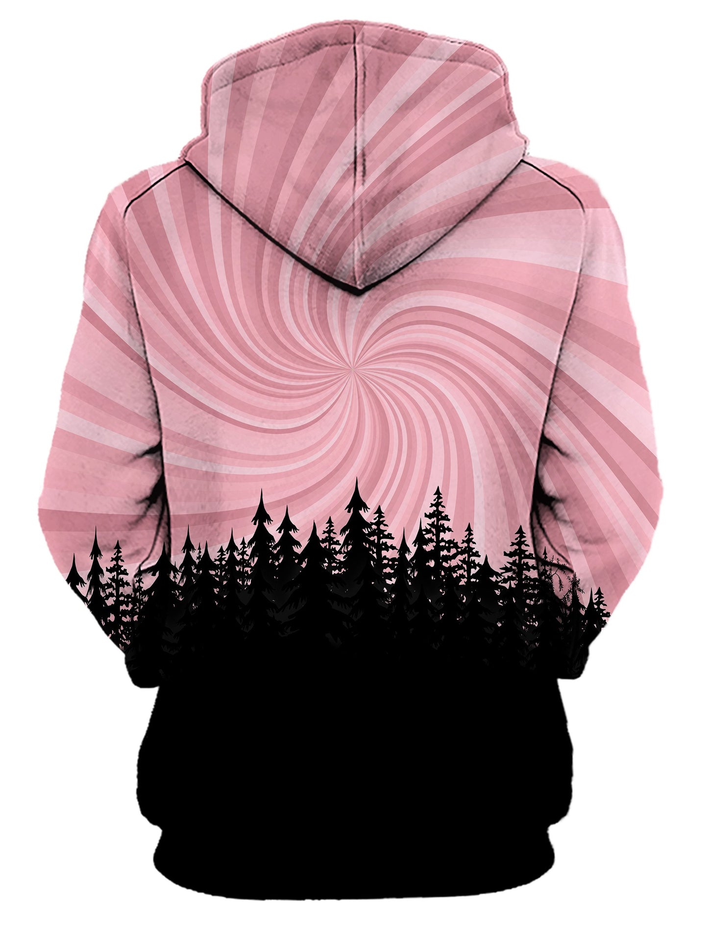 Rear of women's all over print pink & black vortex forest hoody.