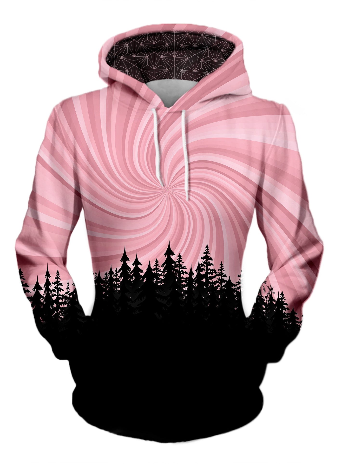 Women's front view of trippy treeline pullover hoodie.