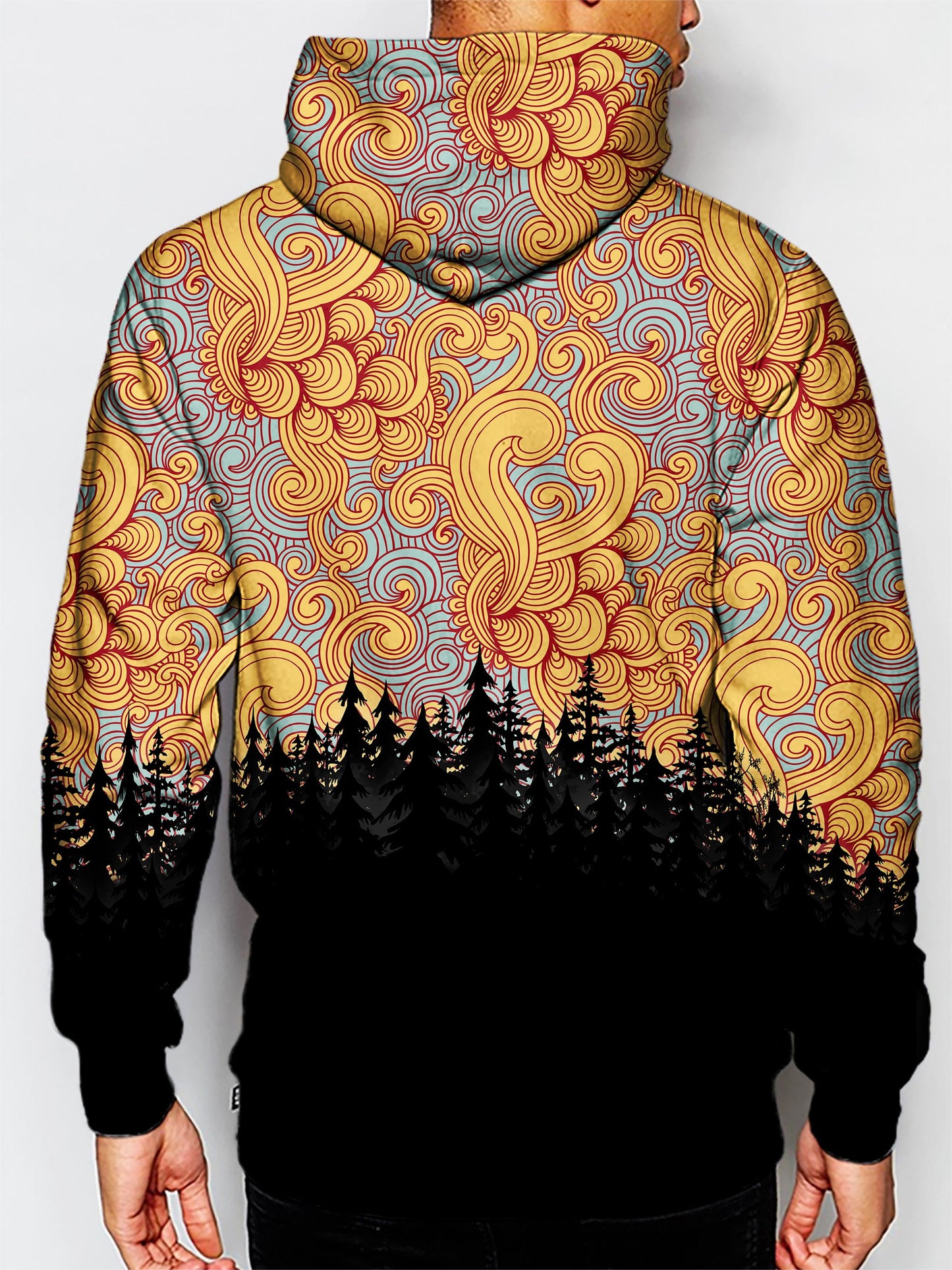 Model wearing GratefullyDyed Apparel psychedelic nature pullover hoodie.