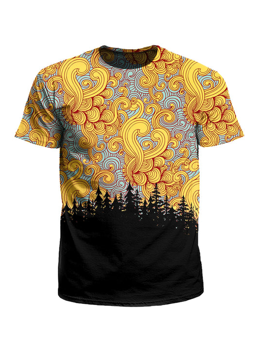 Men's orange, blue & black cloud swirl treeline unisex t-shirt front view.
