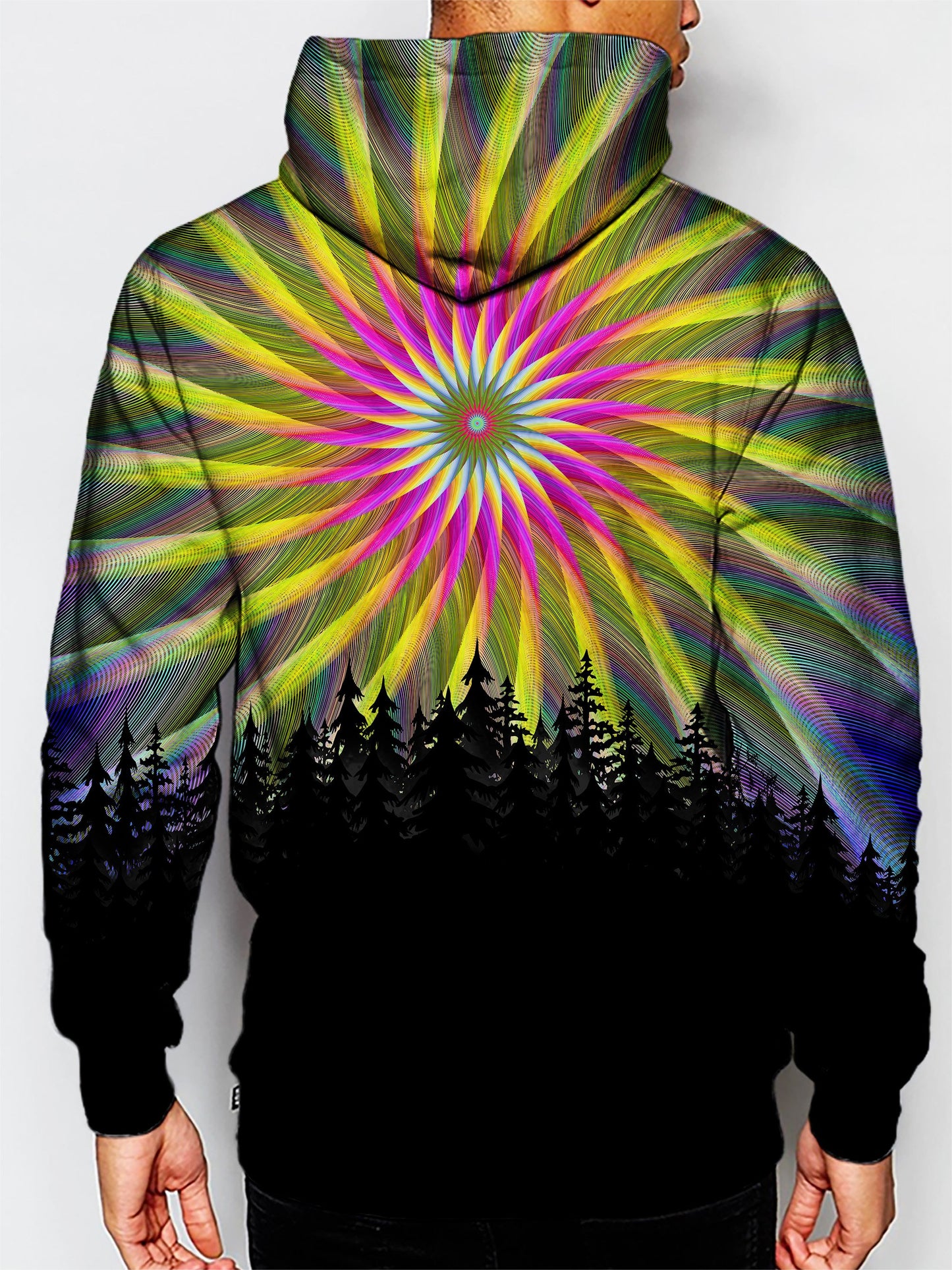 Model wearing GratefullyDyed Apparel psychedelic nature pullover hoodie.