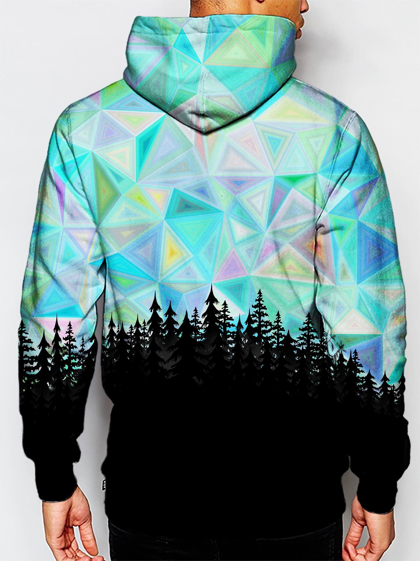 Model wearing GratefullyDyed Apparel psychedelic nature pullover hoodie.