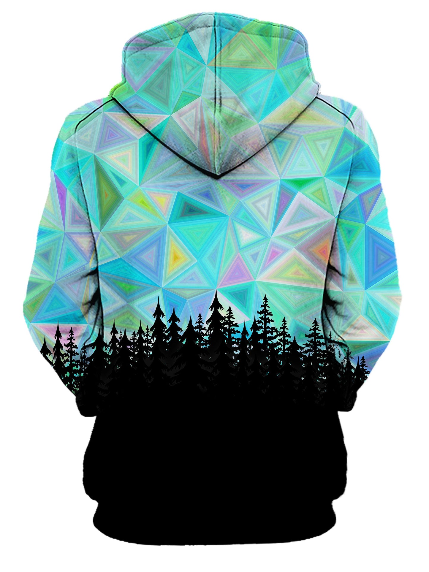Rear of women's all over print blue, rainbow & black psychedelic sky forest hoody.
