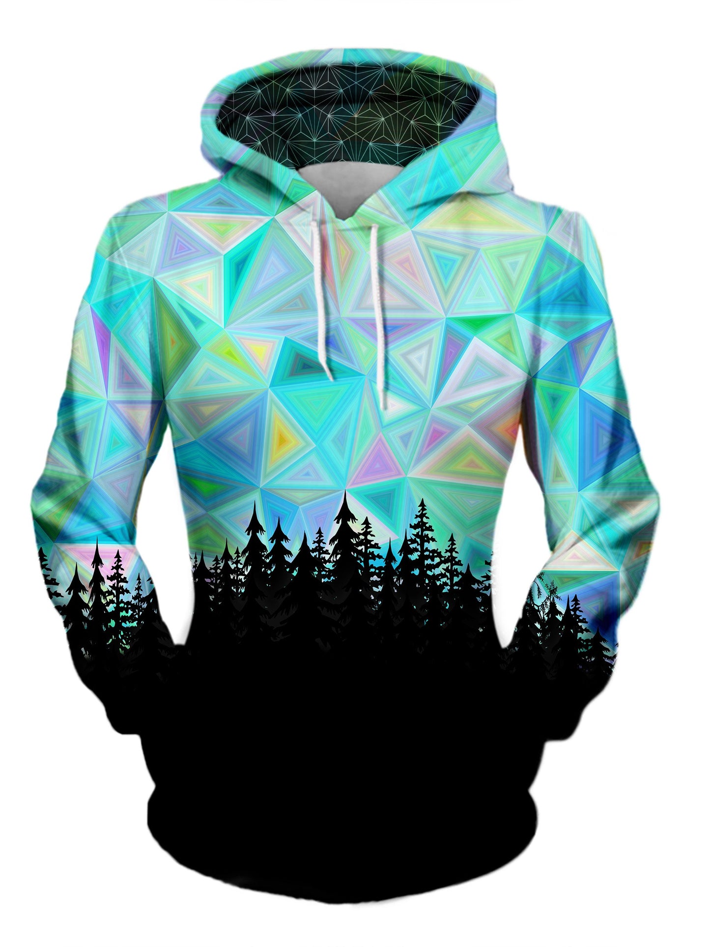 Women's front view of trippy treeline pullover hoodie.