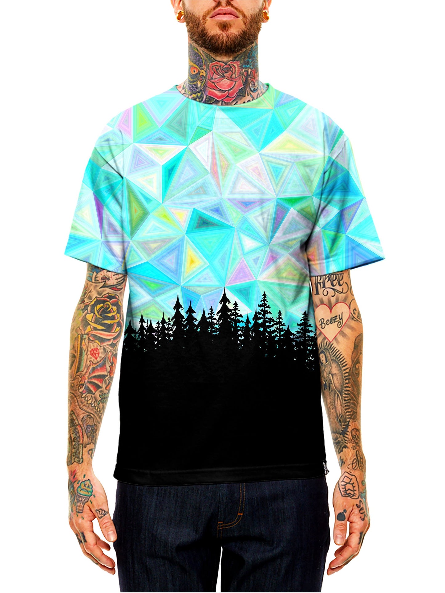 Model wearing GratefullyDyed Apparel blue, rainbow & black geometric forest unisex t-shirt.